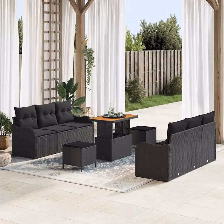Set Divano da Giardino Moderno vidaXL in Polyrattan Nero con Cuscini e Tavolino da 9 Pezzi