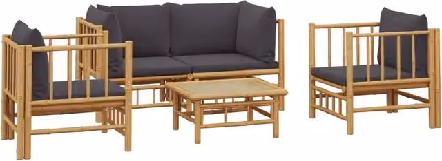 Set di mobili da giardino set da esterno 5 pezzi con cuscini grigio scuro in bambù 02_0016390