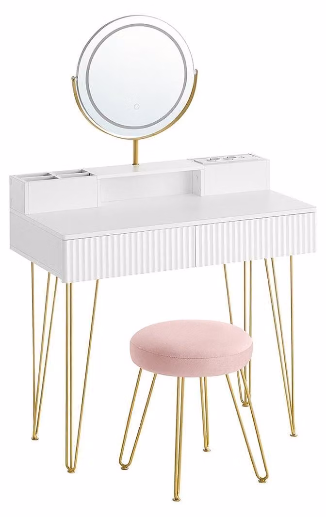 Set da trucco completo con sgabello, specchio e illuminazione – 40 x 80 x 134,8 cm – bianco opaco con dettagli dorati