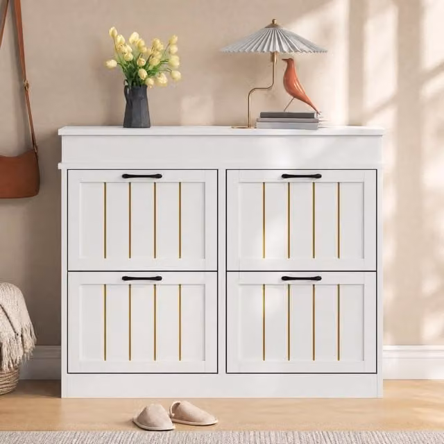 Mobile scarpiera moderna in MDF bianco con 4 ante a ribalta e ripiani interni L: 105 cm, P: 24 cm, H: 83 cm
