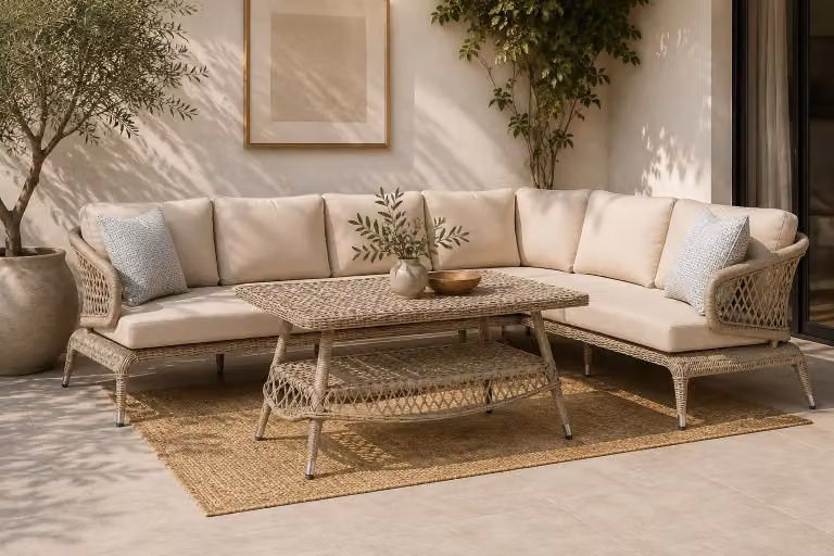 Set di mobili da giardino, divano angolare a forma di L, moderno, color beige, per terrazza