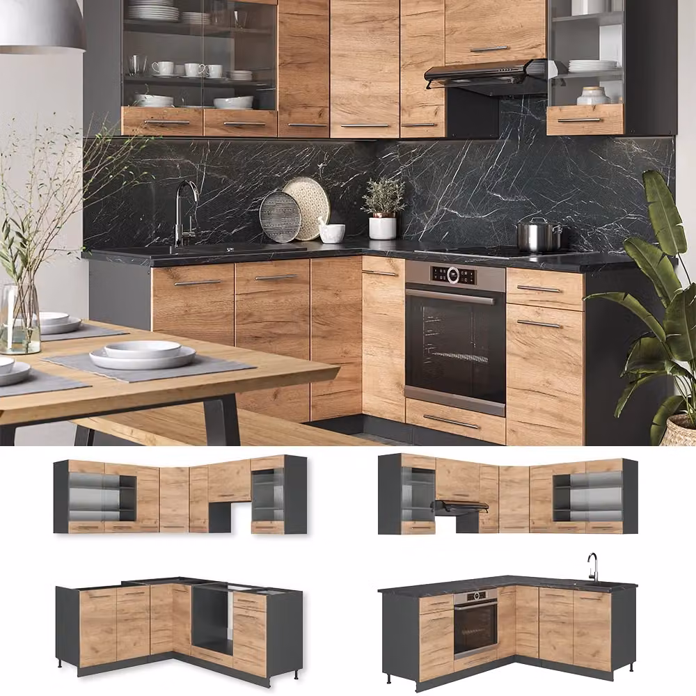Cucina angolare moderna Vicco Fame-Line in rovere e antracite con piano in marmo 190 x 160 cm – 2