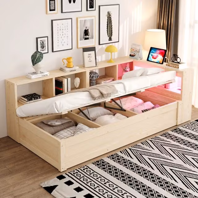 Letto singolo multifunzione 90 × 200 cm con LED prese e contenitore in MDF legno di pino e compensato