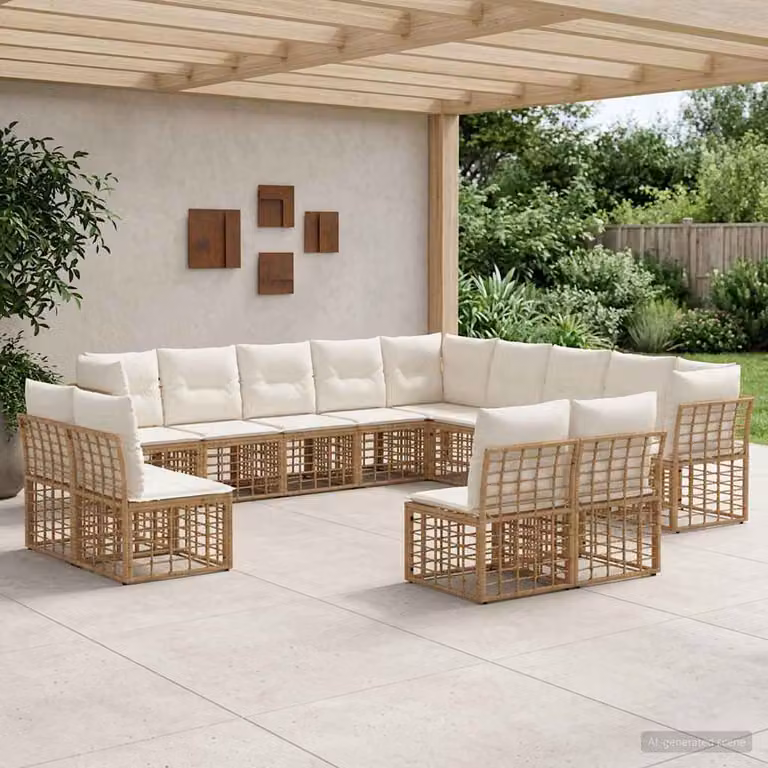 vidaXL Set di divani da esterno a forma di U con cuscini, struttura in acciaio verniciato e tessuto resistente ai raggi UV, colori beige, marrone e bianco