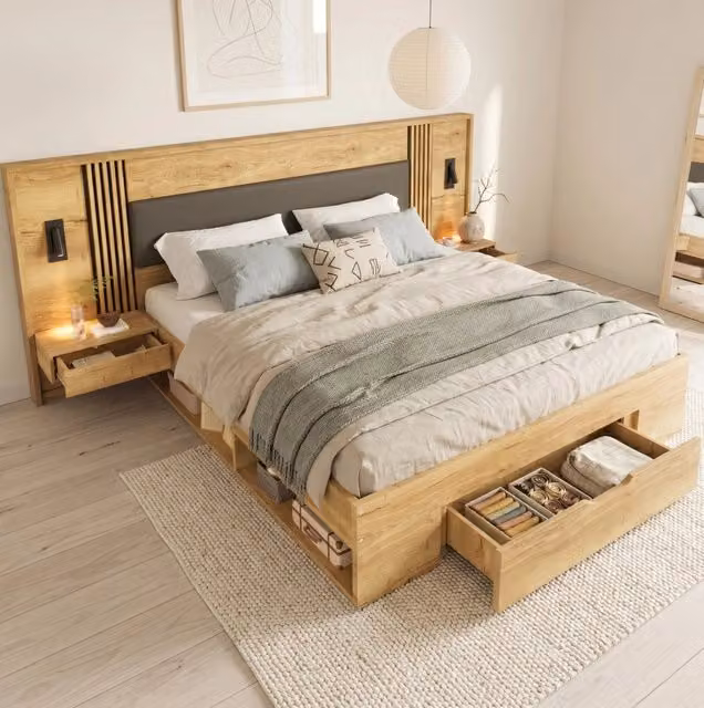 Letto matrimoniale 180x200 cm con contenitore; 2 comodini; luci orientabili; MDF; naturale