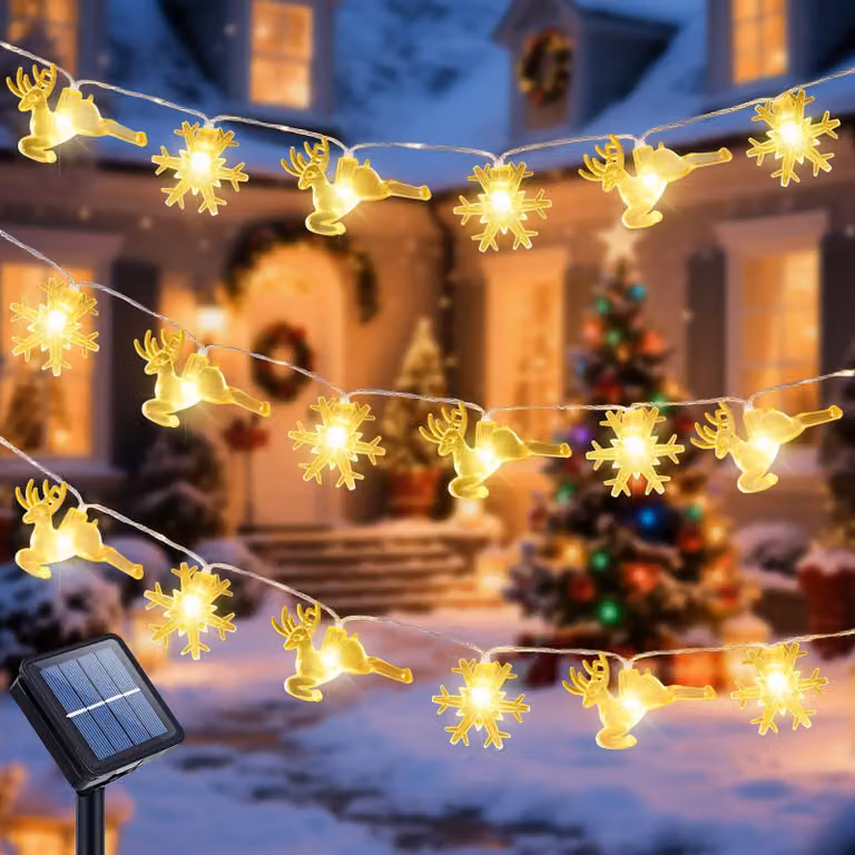 Catena luminosa solare, 7 metri, 50 LED, con decorazioni a forma di fiocchi di neve e renne, 8 modalità, impermeabile
