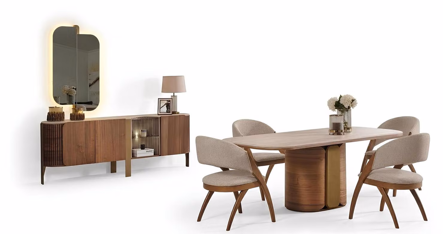 Set da pranzo: tavolo, consolle, specchio, colore marrone, stile moderno, nuovo