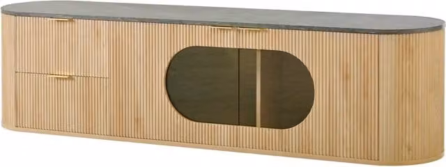 Mobile TV in MDF effetto legno naturale 172x38x45,5 cm con ante 3D a righe verticali e vetrina ovale in vetro grigio