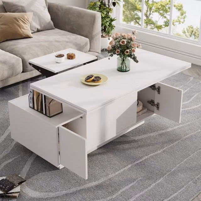 Tavolino da caffè moderno WISHDOR bianco con doppio piano sollevabile e vano portaoggetti in MDF laminato opaco