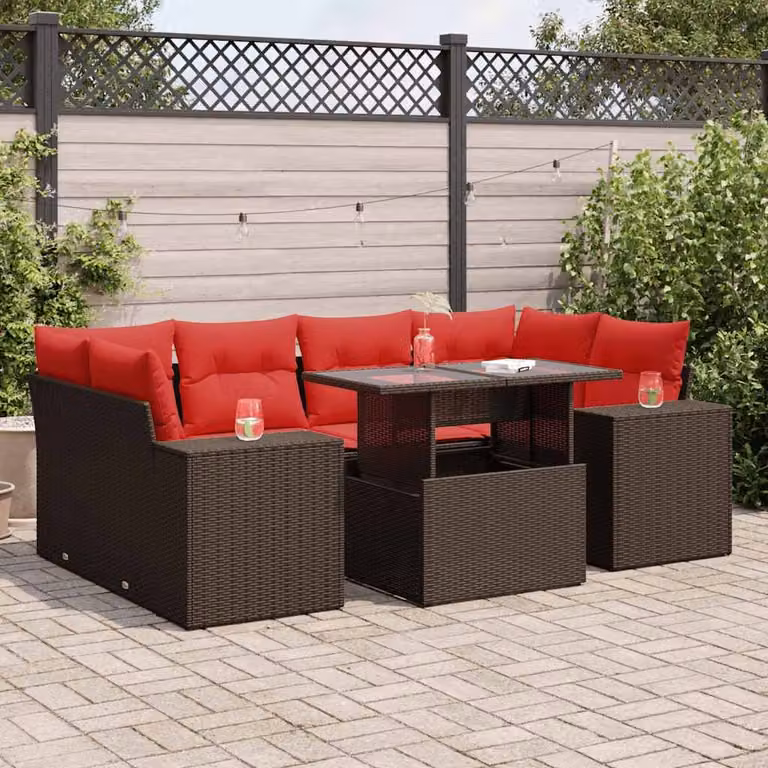 Set da giardino vidaXL composto da 7 pezzi in polyrattan marrone con cuscini e tavolino da esterno