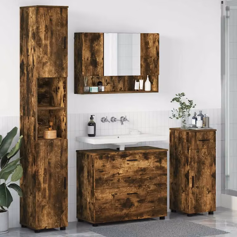 Set di mobili per il bagno vidaXL 4 pezzi in rovere fumé con mobile lavabo, armadietto con specchio, mobile laterale e colonna alta