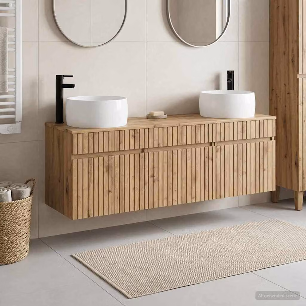 Set di mobili da bagno moderni vidaXL in legno marrone composto da 3 pezzi con vanità e pensili a muro L/P/H: 66,0 x 44,5 x 49,0 cm