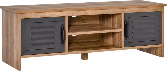 Mobile TV moderno Xylo con ante in metallo e ripiani aperti in legno naturale e grigio L: 109 cm, P: 35 cm, H: 38 cm – 1
