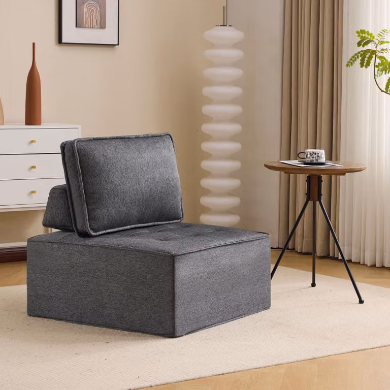 Divano singolo STILVORA, design modulare, ideale per camerette. Perfetto per piccoli spazi. Pouf leggero e facile da spostare, adatto per la camera da letto. Tessuto di lino, colore grigio scuro