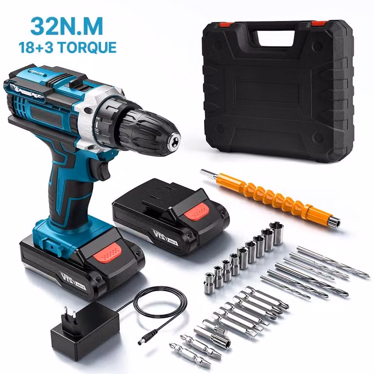 Trapano avvitatore a batteria - Avvitatore elettrico - 32 Nm - 1350 giri/min - 2 velocità - Colore blu