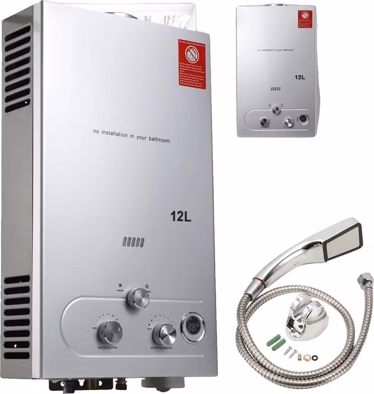 Scaldacqua a gas, scaldacqua istantaneo, fino a 18 litri al minuto, argento-b, 16 l, 32 kW