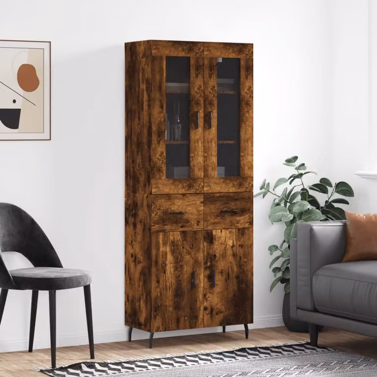 Credenza moderna vidaXL in legno multistrato color rovere fumo con dettagli in vetro e metallo L: 69,5 cm, P: 34 cm, H: 180 cm