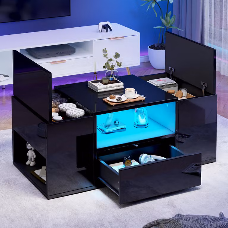 MODFU Tavolino da salotto nero con strisce luminose a LED, tavolino lucido con due armadietti, 6 scomparti e un cassetto, 100 x 50 x 40 cm