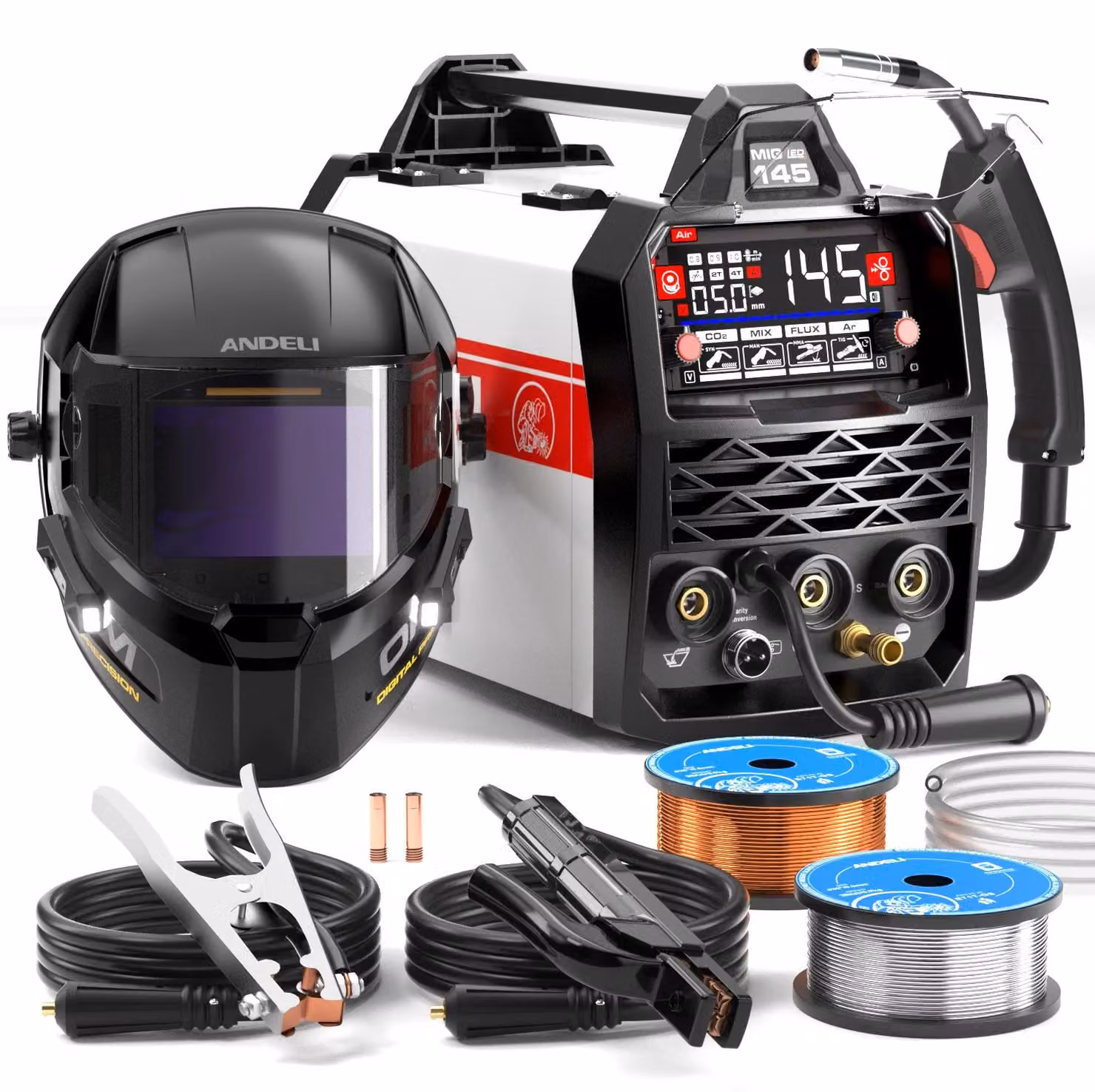 Saldatrice multifunzione - MIG-145AIR - MIG con gas/MIG senza gas/MMA/TIG Lift - 145 A - Funzione sinergica - Display LED - 220–240 V, spina EU - Pacchetto 1