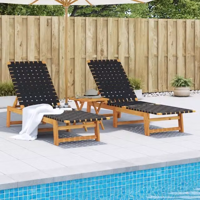 Lettini Prendisole con Tavolino 2pz Neri Legno Massello Acacia 3214216