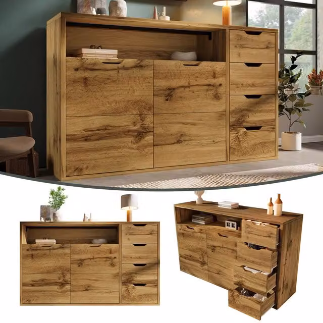 Comò Sideboard 150x40x90 cm effetto quercia, 2 ante, 4 cassetti, ripiani regolabili, cerniere softclose, sicurezza anti-ribaltamento, per soggiorno e ingresso