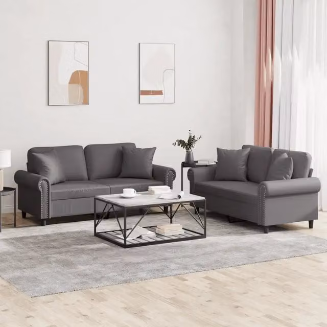 Set di 2 divani vidaXL in similpelle grigia con cuscini per soggiorno in stile moderno