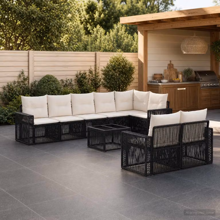 Set Divano da Giardino vidaXL 9 pz a Forma a U in Polyrattan con Cuscini, Nero e Bianco Crema