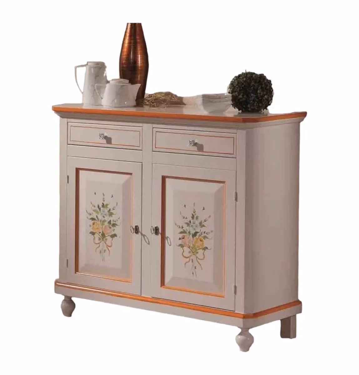 Madia credenza napoletana con 2 porte e decori floreali laccata bianco e arancione Mobili 2G L: 104 cm, P: 43 cm, H: 98 cm – 1