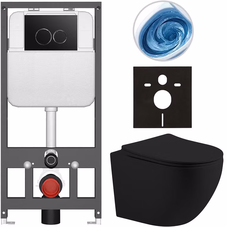 CERANO - Set WC da incasso Cesso - nero opaco - pulsante Prime/Dualo, nero - sospeso - installazione pre-parete/cartongesso - 49x36 cm