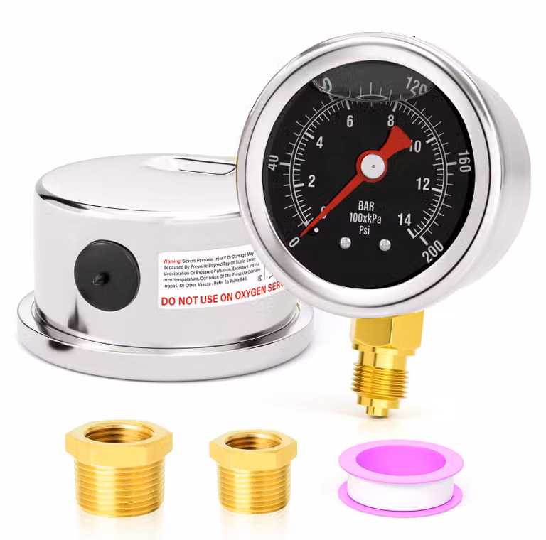 Manometro da 1,5" riempito con glicerina, scala da 0 a 100 psi, attacco inferiore da 1/8" BSP, completo di raccordi di riduzione