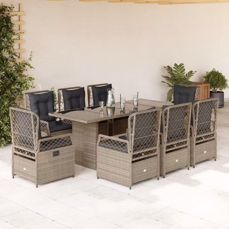 Set Pranzo da Giardino vidaXL in Polyrattan Grigio con 9 Pezzi e Cuscini