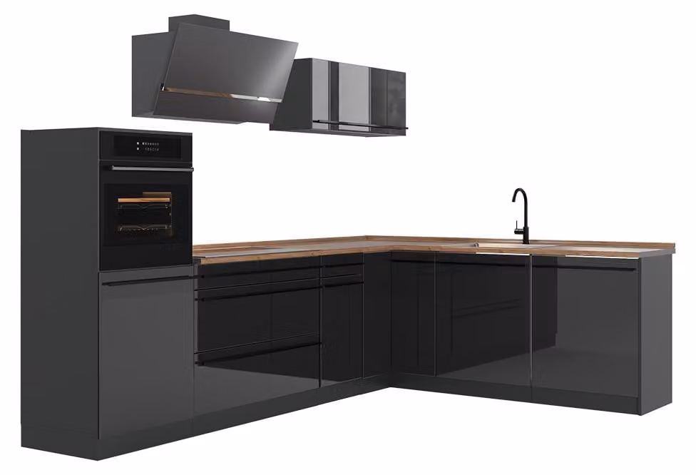 Cucina angolare completa Vicco R-Line Antracite lucido/Antracite 287 x cm piano di lavoro Rovere dorato, Model 66750