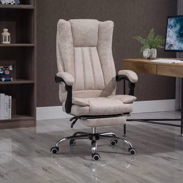 Sedia da ufficio girevole beige reclinabile con poggiapiedi e altezza regolabile