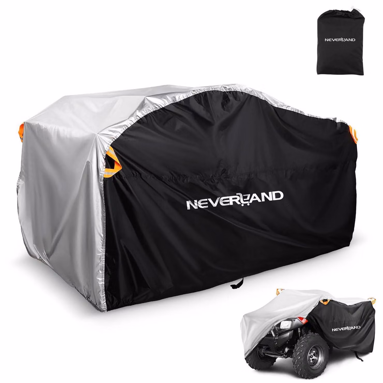 Telo protettivo per quad, dimensioni XXXL, impermeabile, per uso interno ed esterno, colore nero, argento e arancione, dimensioni 256x110x120 cm