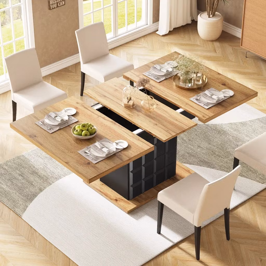 Tavolo da cucina e sala da pranzo allungabile WISHDOR in MDF e metallo, nero e marrone, L: 110-140 cm, P: 80 cm, H: 75 cm – 2