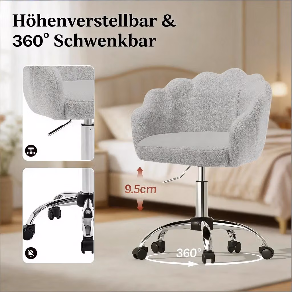Sedia da ufficio REDOM moderna con design floreale, regolabile e girevole a 360 gradi, colore grigio, L/P/H: 37,5 x 55 x 81,5 cm – 2