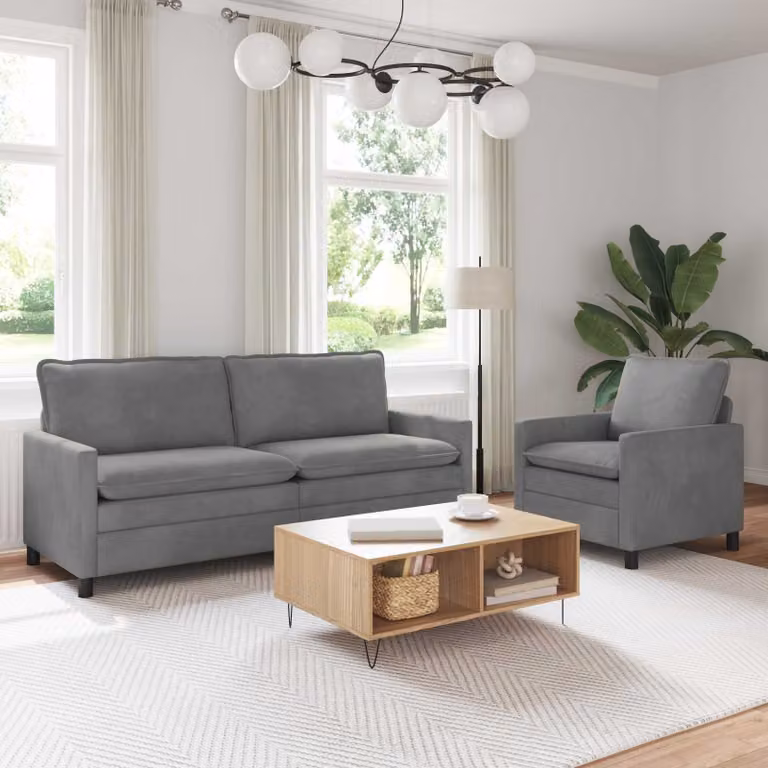 Set di 2 divani moderni vidaXL in velluto grigio con struttura in metallo e cuscini inclusi