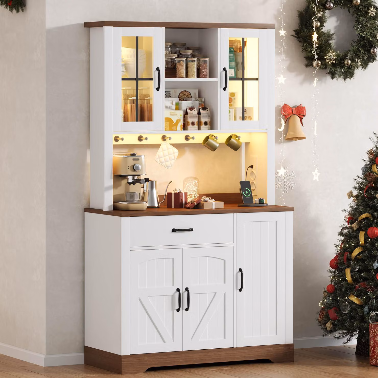 Flieks: armadio alto da cucina con ripiani regolabili, ganci in acciaio inossidabile, illuminazione a LED e prese elettriche; credenza 105x40x185 cm, bianco