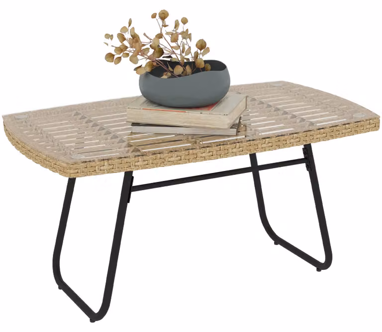 Tavolo da giardino in polyrattan, 90 x 50 x 45 cm, resistente ai raggi UV Tavolino con piano in vetro Legno naturale