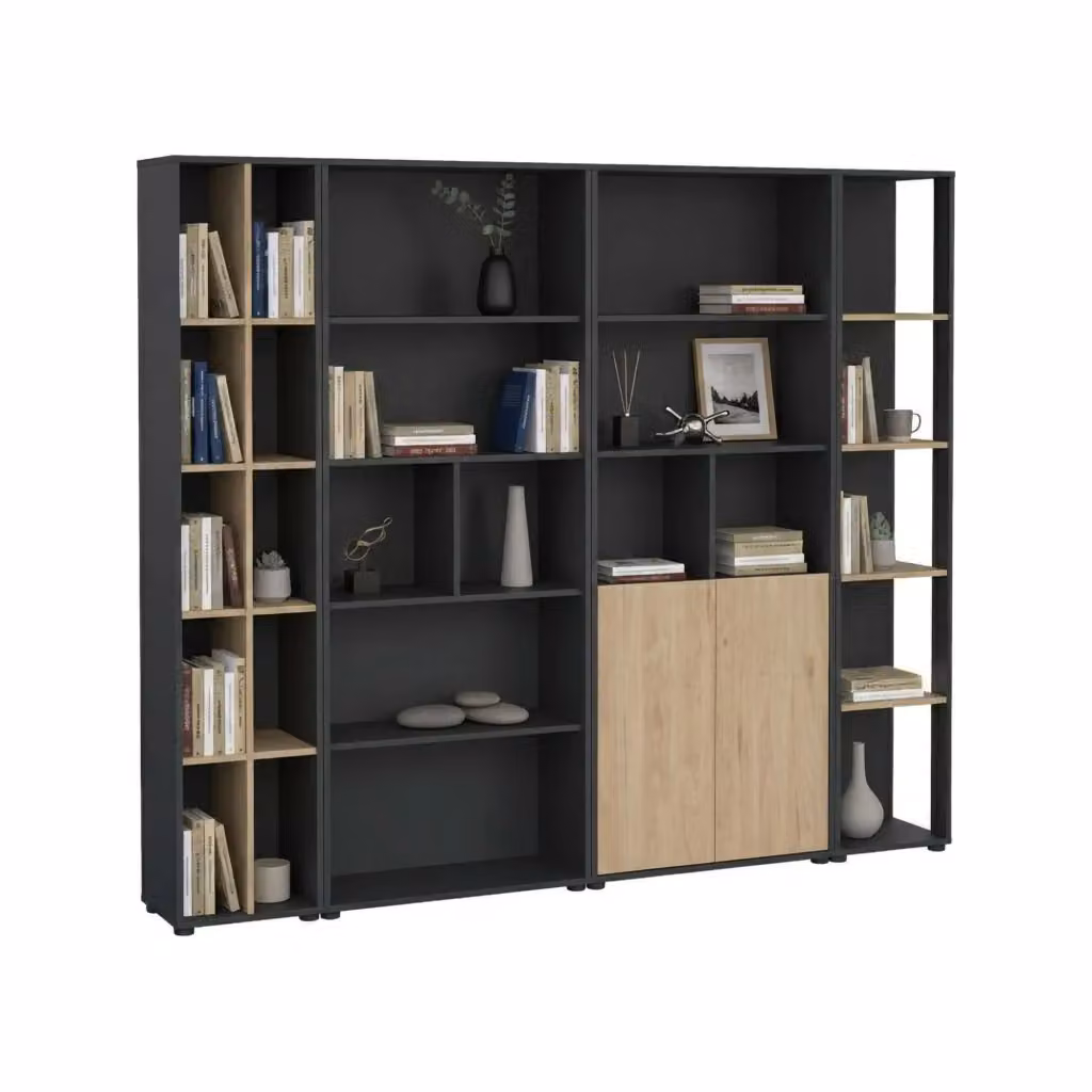 Parete attrezzata DMORA Litvjak per soggiorno, mobile salotto moderno con armadio porta TV e mensole aperte, Rovere e Grigio, L: 241 cm, H: 205 cm, P: 34 cm – 2