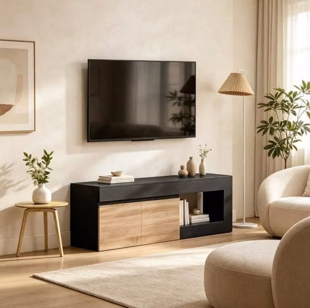 Mobile TV nero e legno naturale 140 cm con 2 ante e vano aperto