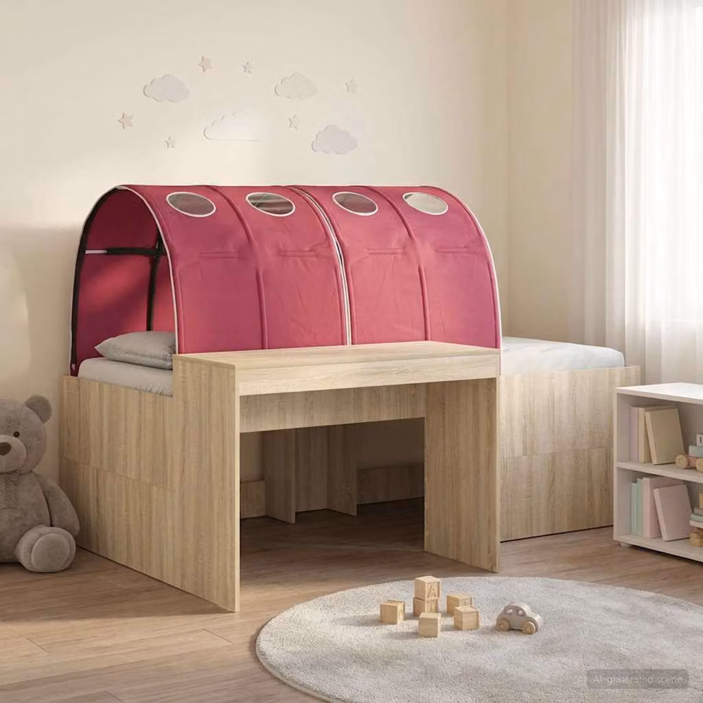 vidaXL Letto con Tunnel e Scaffale 3 pz Rovere Sonoma e Rosso L/P/H: 200 x 80 x 123,5 cm