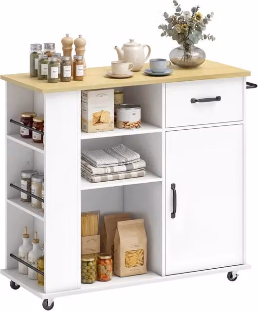 Mobile Cucina Minimal Bianco con Cassetti e Ripiani in MDF Lucido con Ruote L/P/H: 96.5 x 87.0 x 38.0 cm