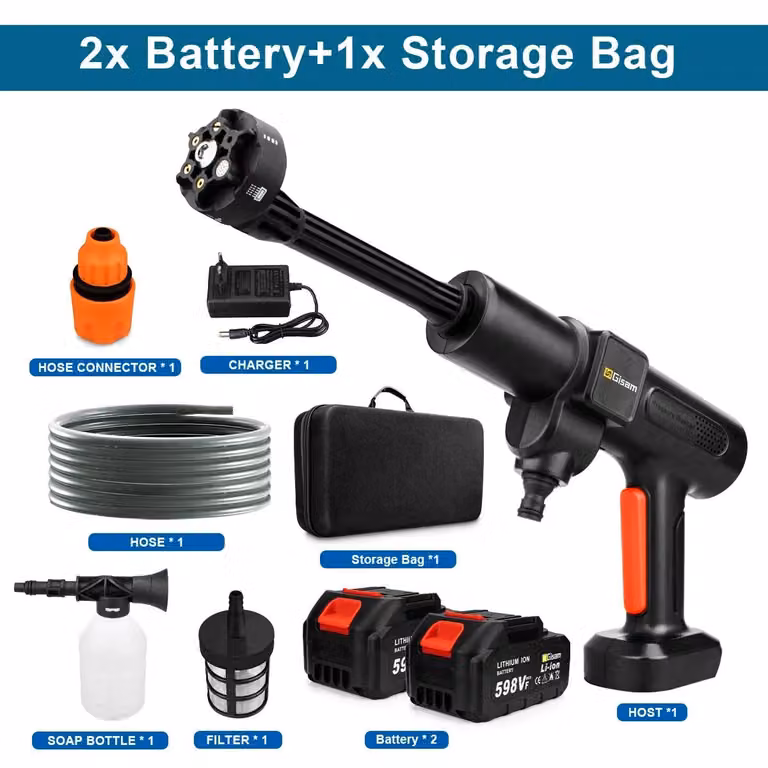 Idropulitrice per auto e giardino - Pistola lavante senza fili - Set con 6 accessori - Motore 18V brushless - Ricaricabile - Set con 2 batterie