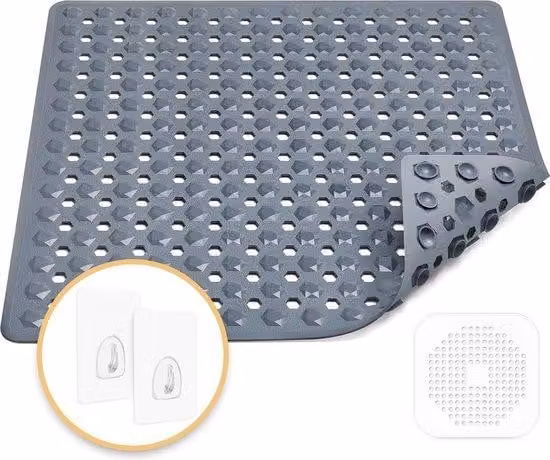 Tappetino da doccia antiscivolo, 53 x 53 cm, 100% privo di BPA, con 2 ganci, foro di scarico in silicone, lavabile in lavatrice, resistente alla muffa, delicato sulla pelle (grigio scuro)