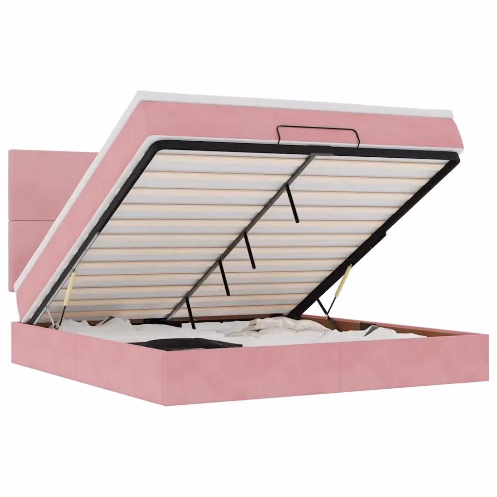 Letto con contenitore a sollevamento vidaXL in velluto rosa e bianco L: 180 cm, P: 200 cm, H: 128 cm – 2