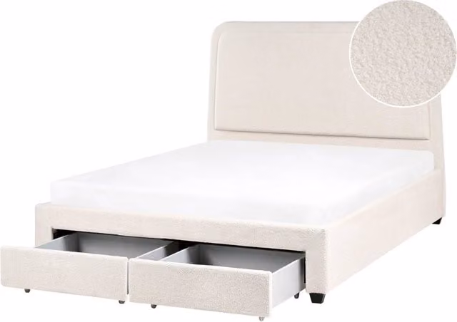 Letto imbottito in bouclé bianco panna 140 x 200 cm Design scandinavo con testiera morbida a cassetti