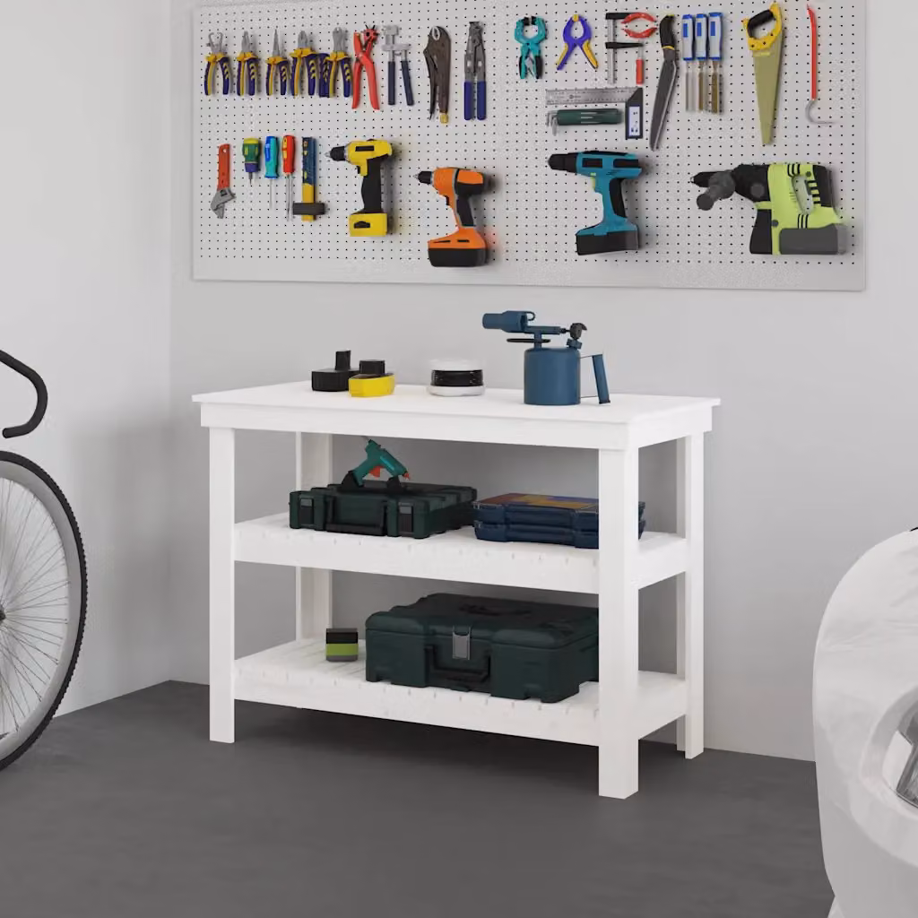 vidaXL Banco da lavoro con scaffale in legno di pino bianco L 110,4 cm x P 16,4 cm x H 80 cm – 1
