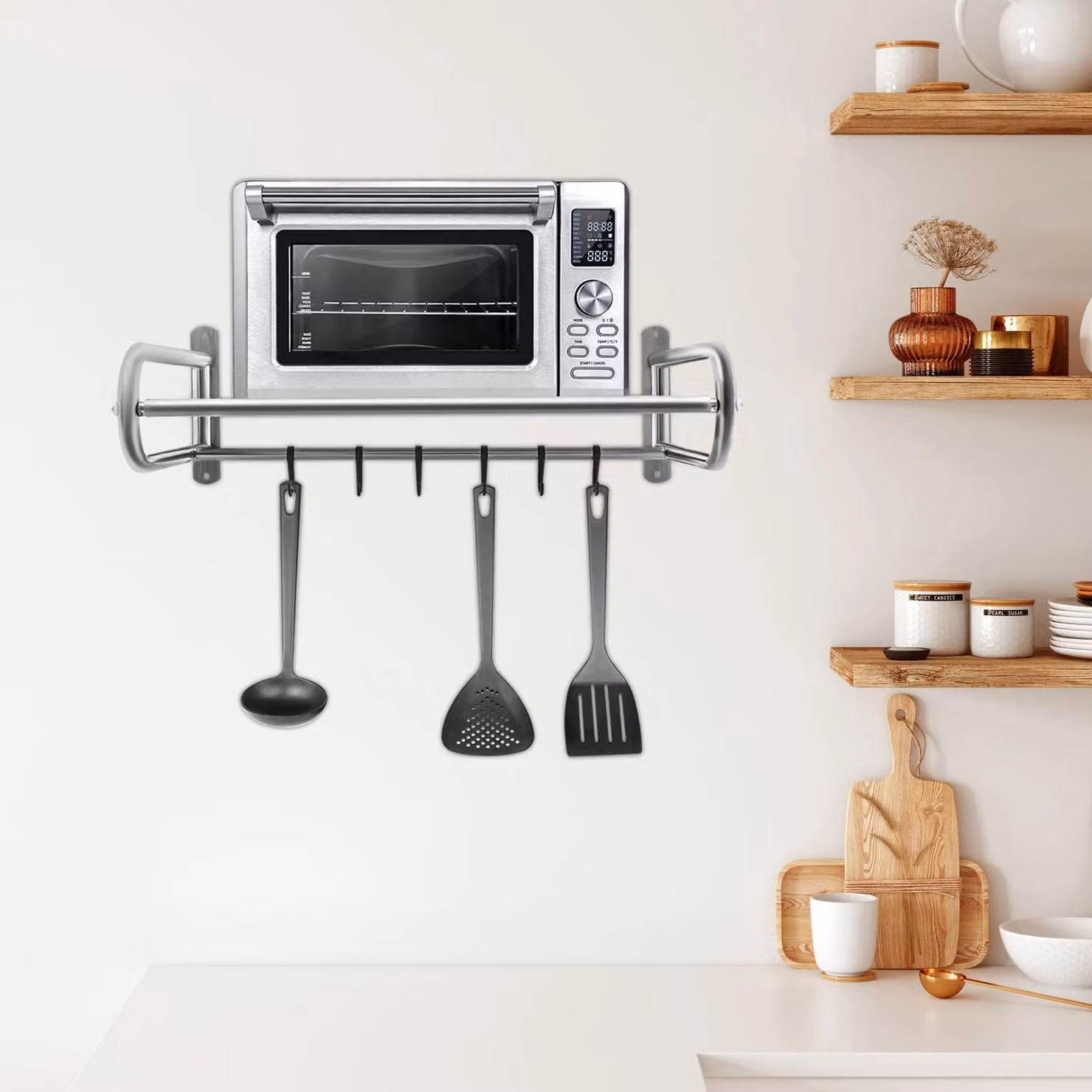 Mensola per microonde - Mensola da cucina a parete - Acciaio inox - 6 ganci - Caricabile - Salvaspazio - Argento