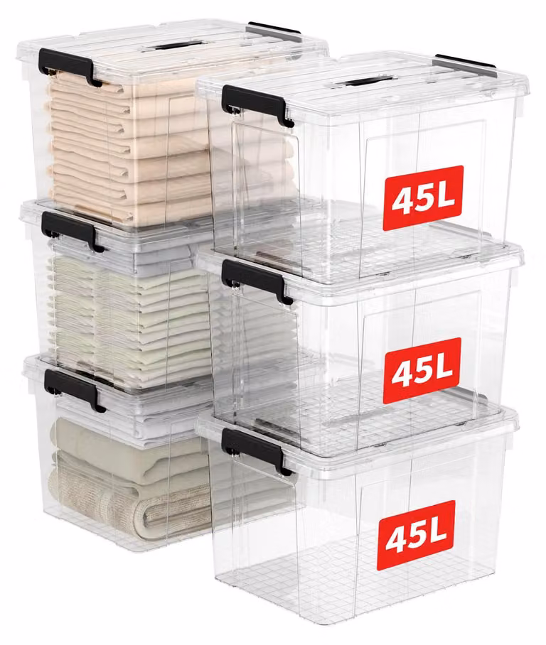 Contenitori di stoccaggio da 45 litri, confezione da 6 pezzi, impilabili, con coperchio e maniglie, ideali per l'organizzazione